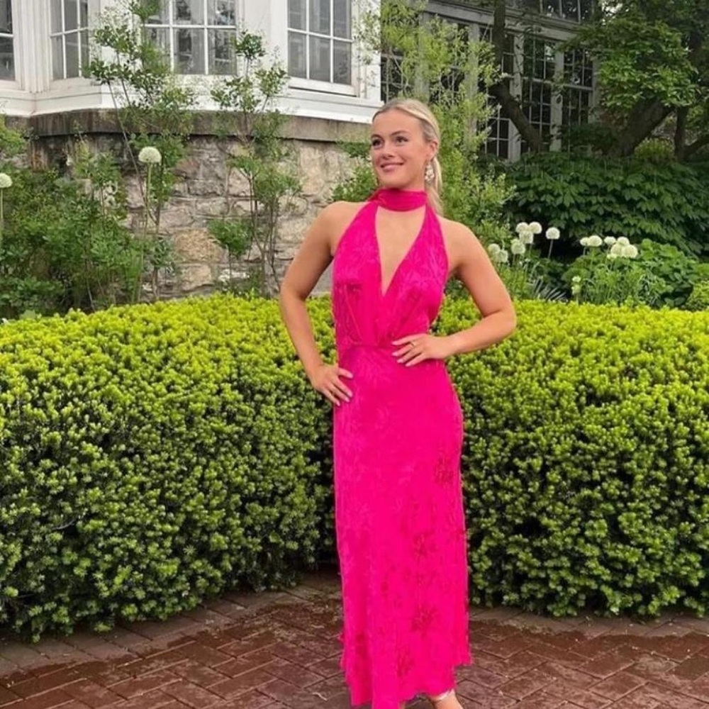 Zara Vibrant Hot Pink Jacquard Bow Summer Halter Maxi Dress (Size Medium) - Picture 4 of 11